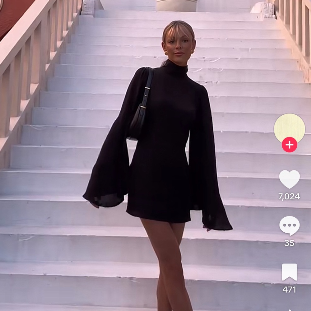 Black Mini Dress with Flared Long Sleeves - Women's Turtleneck Mini